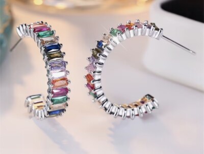 Sterling Silver Lab Created Baguette Multi-Color Sapphire  Hoop Earrings