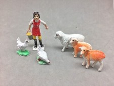 Plastic Toy Farm Figure Animal Set 6 Girl Feeding Chickens Sheep Lambs 1-2"
