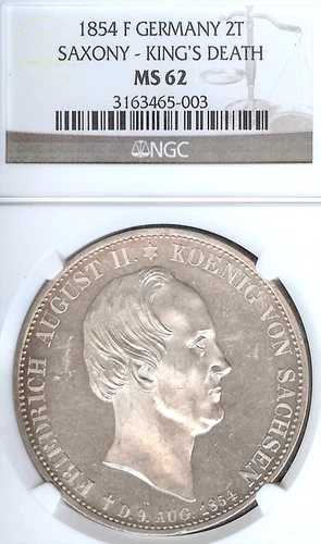 German States Saxony 1854 F Two Taler Coin NGC MS 62 PRF/STG Thaler Deutsch UNC