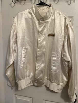 Vintage 90 s MGM Grand Las Vegas Casino White Satin Bomber Jacket Size XL Party