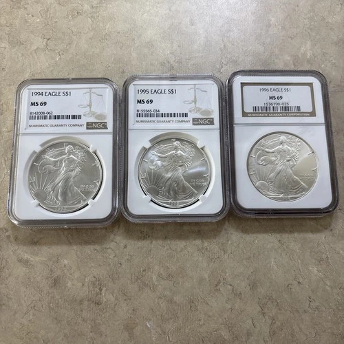 Lot Of 3 ✪ 1994-1996 SILVER AMERICAN EAGLE ✪ NGC MS69 ✪ Total 3oz Fine Silver