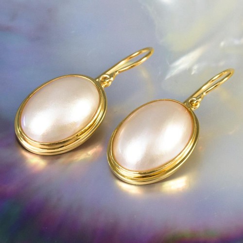Pendientes Blanco Mabe Perla Ovalado & 18K Oro Vermeil Sobre 925 Ley Plata 7.90g - Imagen 3 de 12