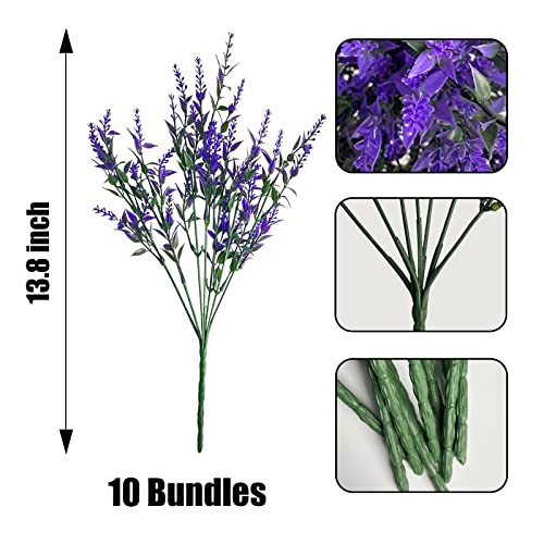 Artificial Lavender Flowers10 Bundles UV Resistant Plastic Shrubs for Purple - Picture 3 of 6