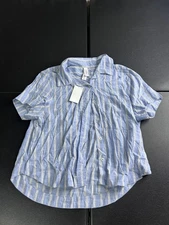 Auden Sleep Shirt Womens XS Blue White Striped Short Sleeve Button Front Pajama