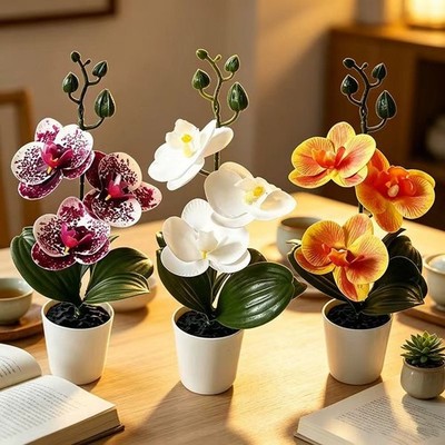 Lifelike Miniature Phalaenopsis Orchid Arrangement in White Pot 10.2 inches
