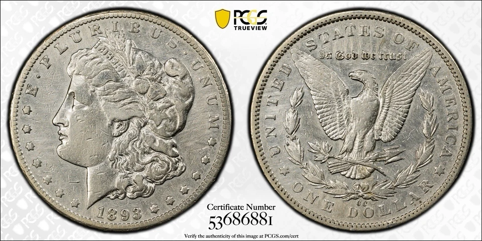 1893-CC Morgan Silver Dollar PCGS VF Detailed Key Date Coin - Image 3 of 4