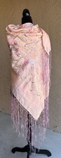 Antique Spanish Silk Pink Piano Shawl 1920s Embroidered Art Nouveau Flowers