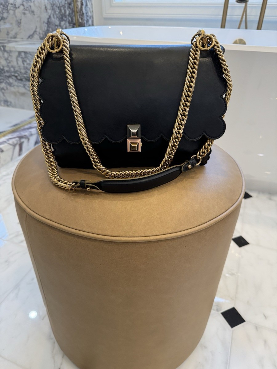 Fendi Kan Black Authentic Scalloped Shoulder Bag Gold Chain with