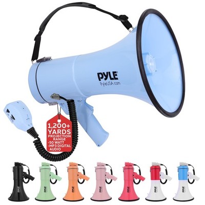 Pyle 50W Megaphone Bullhorn - Portable, Auto Siren & Adjustable Volume  (Blue)