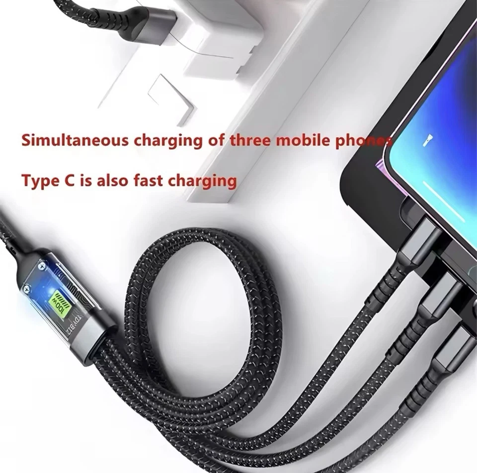 3-in-1 100W 5A Fast Charging USB To Type-C Micro Fast Charger Cable For iPhone* - Image 4 of 4