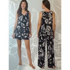Tommy Bahama Womens 3 Piece Pajama Set Black Tropical Palm Tank Shorts Pants  L  