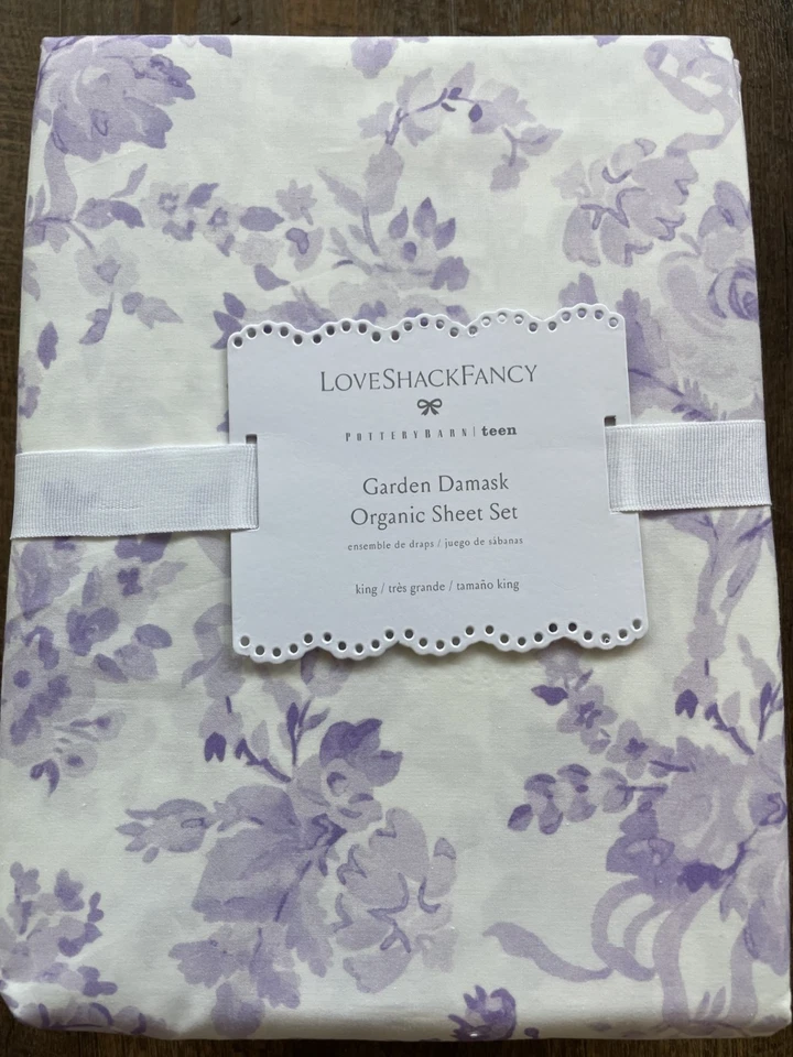 Nuevo Juego de Sábanas Pottery Barn LoveShackFancy Jardín Damasco Orgánico KING ~Lavanda~ Foto 2 de 2