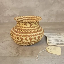 Handwoven Basket Tan Brown Folk Art Storage Tarahumara Pine Needle 3.5" High