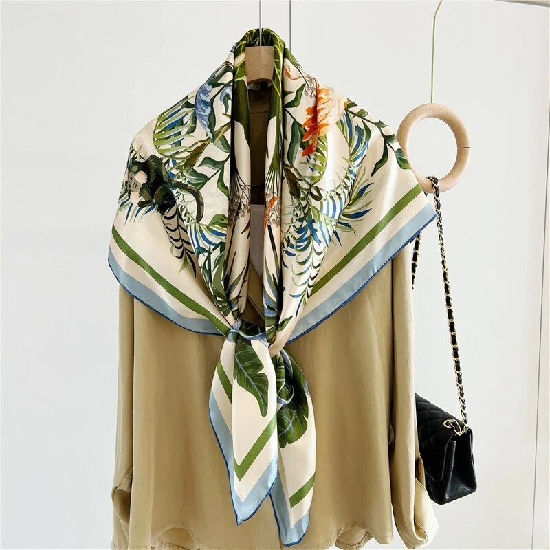 Sallys 100% Silk Wrap Shawl Bandanna Shawl Birds Print Square Scarf 43" Blue - Image 2 of 4