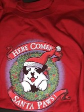 Made in USA, HERE COMES SANTA PAWS Puppy w/Hat vintage Christmas XXXL tshirt