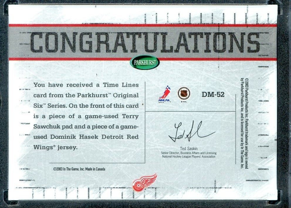 200304 Parkhurst Original Six Detroit Memorabilia Sawchuk Hasek _1891