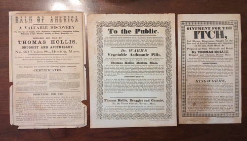 3 Thomas Hollis Boston Advertising Paper Broadsheets Druggist Apothecary  - Picture 1 of 19