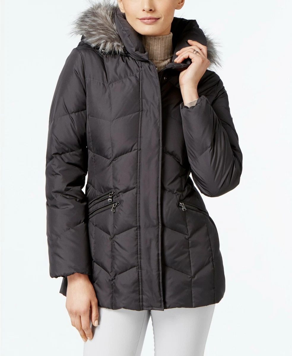 Larry Levine Faux Fur Trim Hooded Puffer Coat Dark Olive Size M