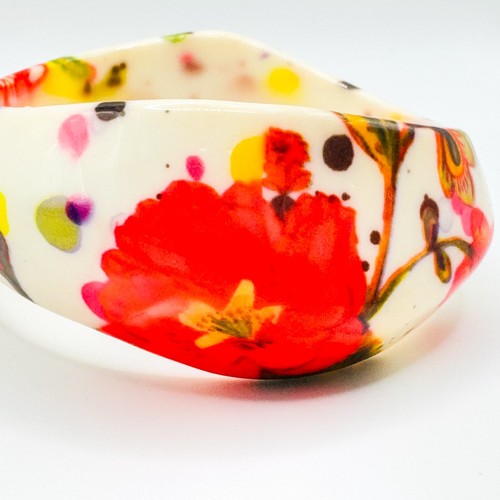 DESIGUAL Floral Pattern Chunky Plastic Wave Bangle Bracelet Flower Folk Art - Picture 7 of 11
