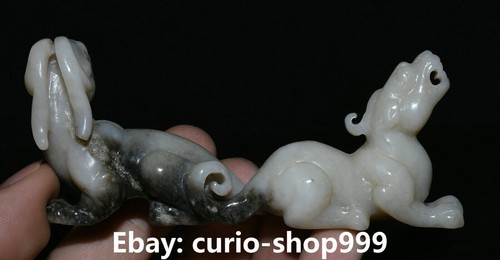 Statue unique bête gardienne soldes double dragon PiXiu 100% véritable en jade naturel Hetian