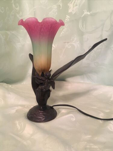 Tulip Table Lamp w/ Leaves Pink Green Yellow Glass, Metal Cherub Playing Violin - Picture 3 of 18