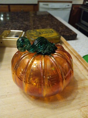 Hand Blown Glass Irredescent Marigold Orange Pumpkin Paperweight Applied Stem