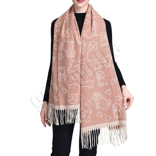 Women Fringed Shawl Scarf Cat Dog Large Winter Cashmere Feel Warm Wrap Stole - Picture 48 of 72