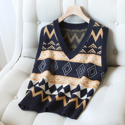 Women Knit Vest Tank Top Sweater Waistcoat Sleeveless V-neck Argyle Loose - Picture 3 of 11