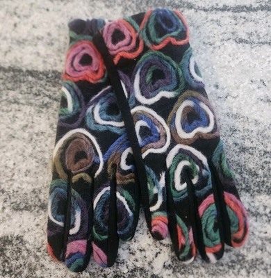 FABRIC HEART TOUCH GLOVES WOMENS YARN EMBROIDED WINTER BLACK COLORFUL SOFT 