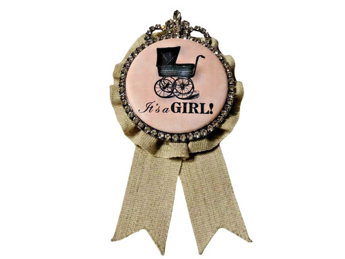 BABY BIRTH ANNOUNCEMENT ~ "ITS A GIRL" ~ RIBBON WITH CLEAR RHINESTONES BROOCH