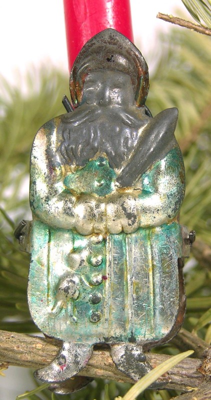 ORIGINAL 1890s FIGURAL TIN CHRISTMAS TREE CANDLE CLIP ORNAMENT BELSNICKLE SANTA
