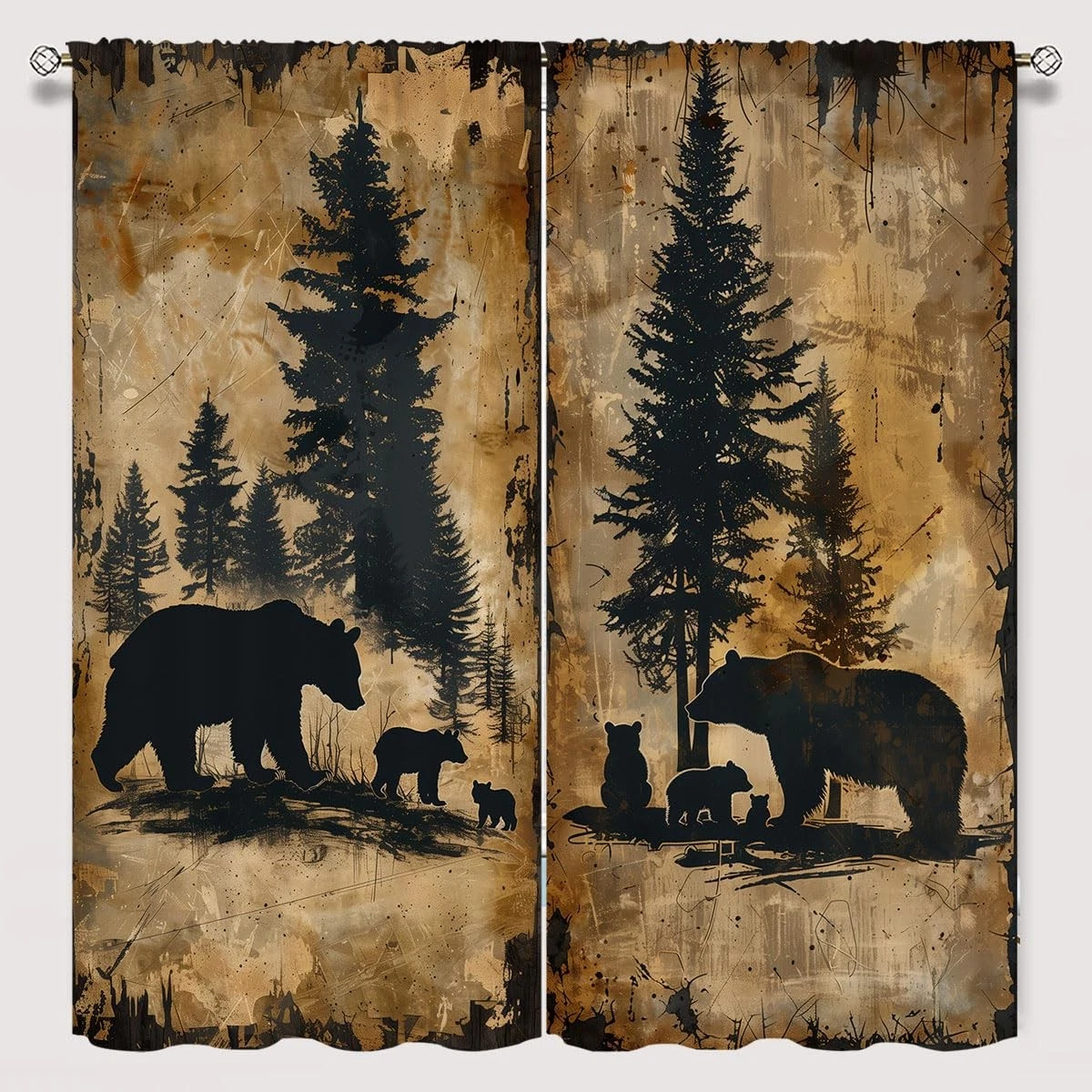 Rustic Bear Window Curtains for Kid Girls Boys Bedroom, Vintage Cabin Wildlif...
