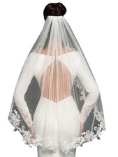 Pearl Fingertip Length Wedding Bridal Veil with Metal Comb Ivory