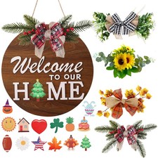 Interchangeable Welcome Sign for Front Door with 4 Seasonal Wreaths and 14 Ch...