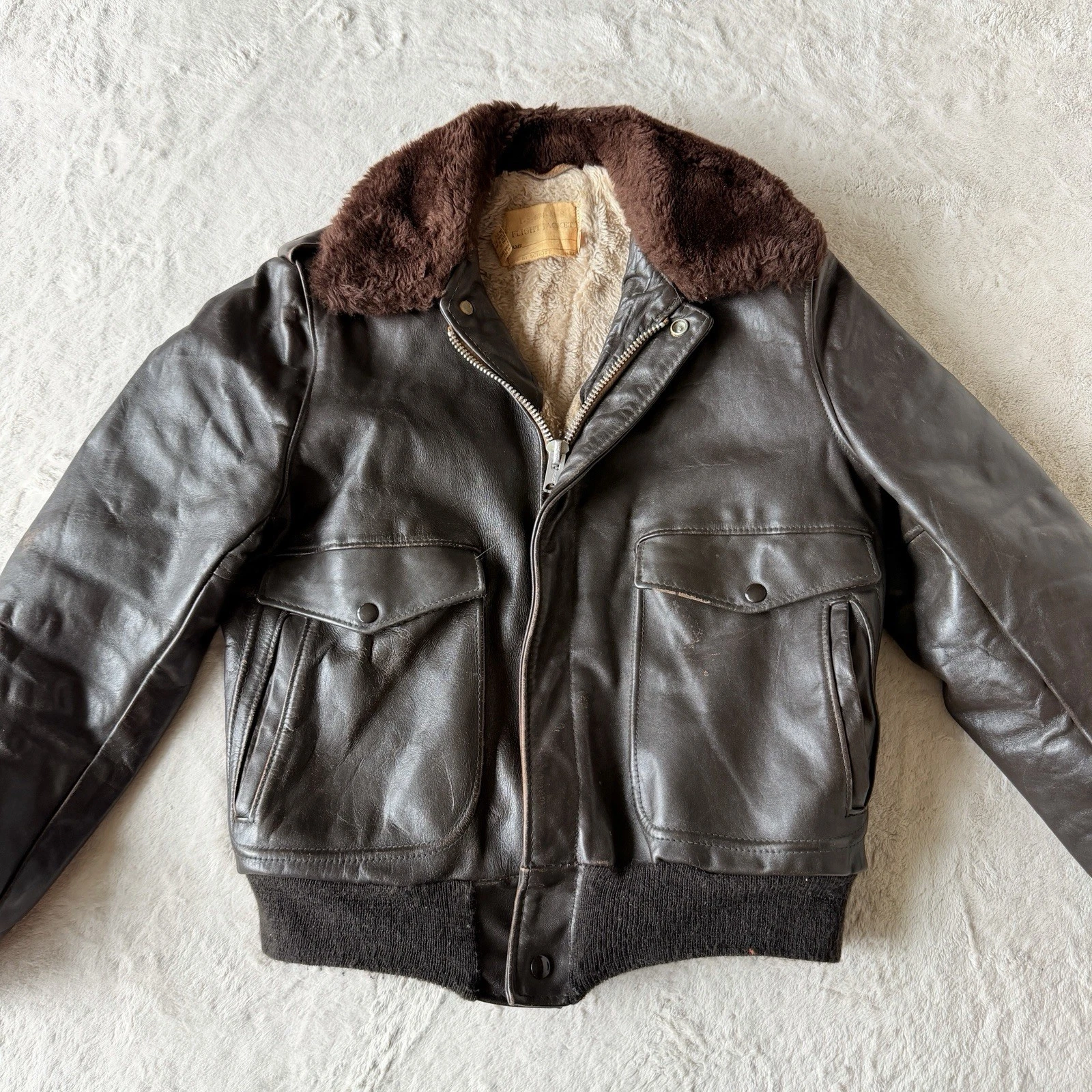 Vintage Schott NYC Mens Aviator Bomber Jacket Sz 36 Flight Faux Fur Lined Collar