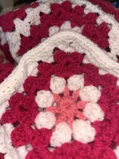 Baby Afghan Handmade Crocheted Blanket Throw White Pink Flowers Granny Square