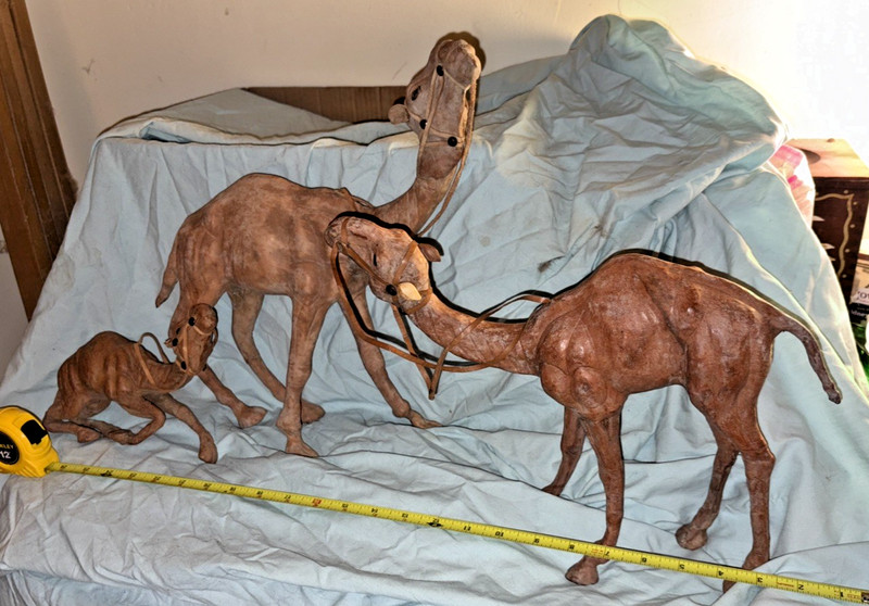 3 Vintage Decorative Brown Leather Wrapped Standing & Kneeling Camel Figures