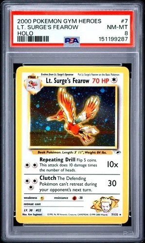2000 POKEMON GYM HEROES HOLO #7 LT. SURGE'S FEAROW PSA 8