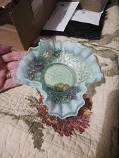 Vtg Fenton Ruffled Blue Opalescent Hobnail Glass Candy Dish Crimped Edges