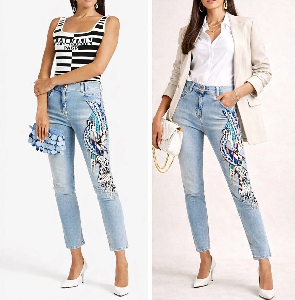 Balmain — NWT $2295 BALMAIN Embellished Skinny Jeans Beaded Chain Fringe Light US 6