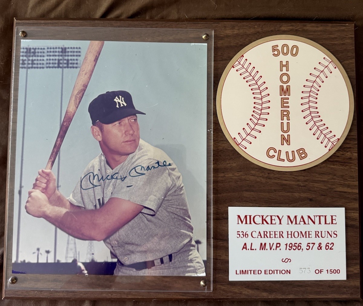 Mickey Mantle 500 Home Run Club Vintage Plaque - Printed Facsimile Signature