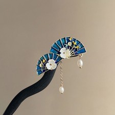 Double Fan Tassel Hairpin Sandalwood Vintage Chinese Style Qipao Hair Accessory