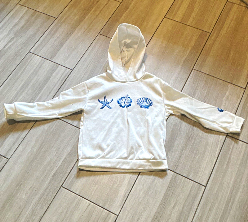 SHEIN Girls Pullover Hoodie 12Y White/Blue Fleece Polyester Starfish Print