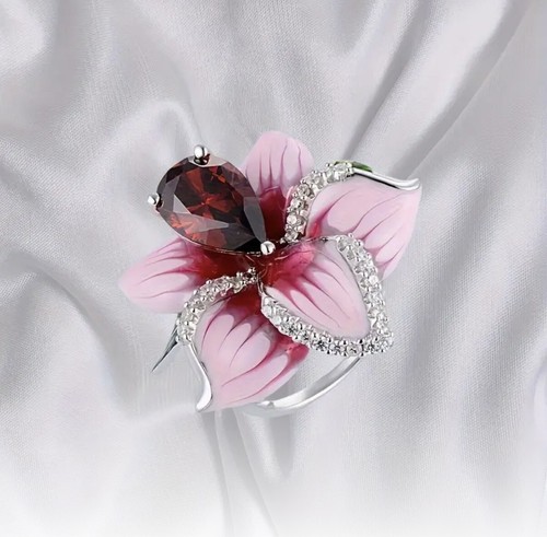 Chico’s Flower Ring CZ 9 Size Teardrop Blooming Enamel Pink CZ Boho Love Silver