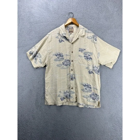 Tommy Bahama Shirt Adult Large Beige Multi Floral Silk Hawaiian Button Down Mens