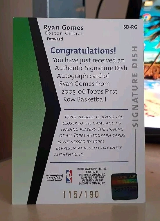 05-06 Topps First Row Signature Dish #/190 Ryan Gomes Rookie Auto BOSTON CELTICS - Image 2 of 2