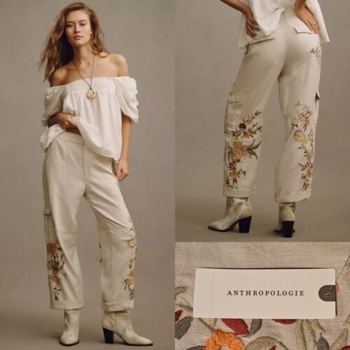 Pilcro By Anthropologie Botanical Slim Linen Beach Cargo Pants Large NWT $148