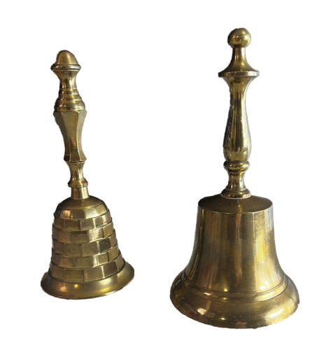 Vintage Pair Of Brass Bells Large Hand Bells 7” & 6.5” Tall Both Work Excellent - Picture 1 of 8