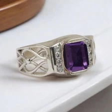 Amethyst Cushion Cut With 925 Sterling Silver Ring For Men's #622 *