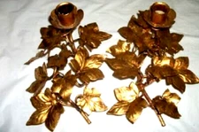 Italian Tole Candle Holders Gilt Ivy Leaf Gorgeous 1960s MCM Florentine Italy